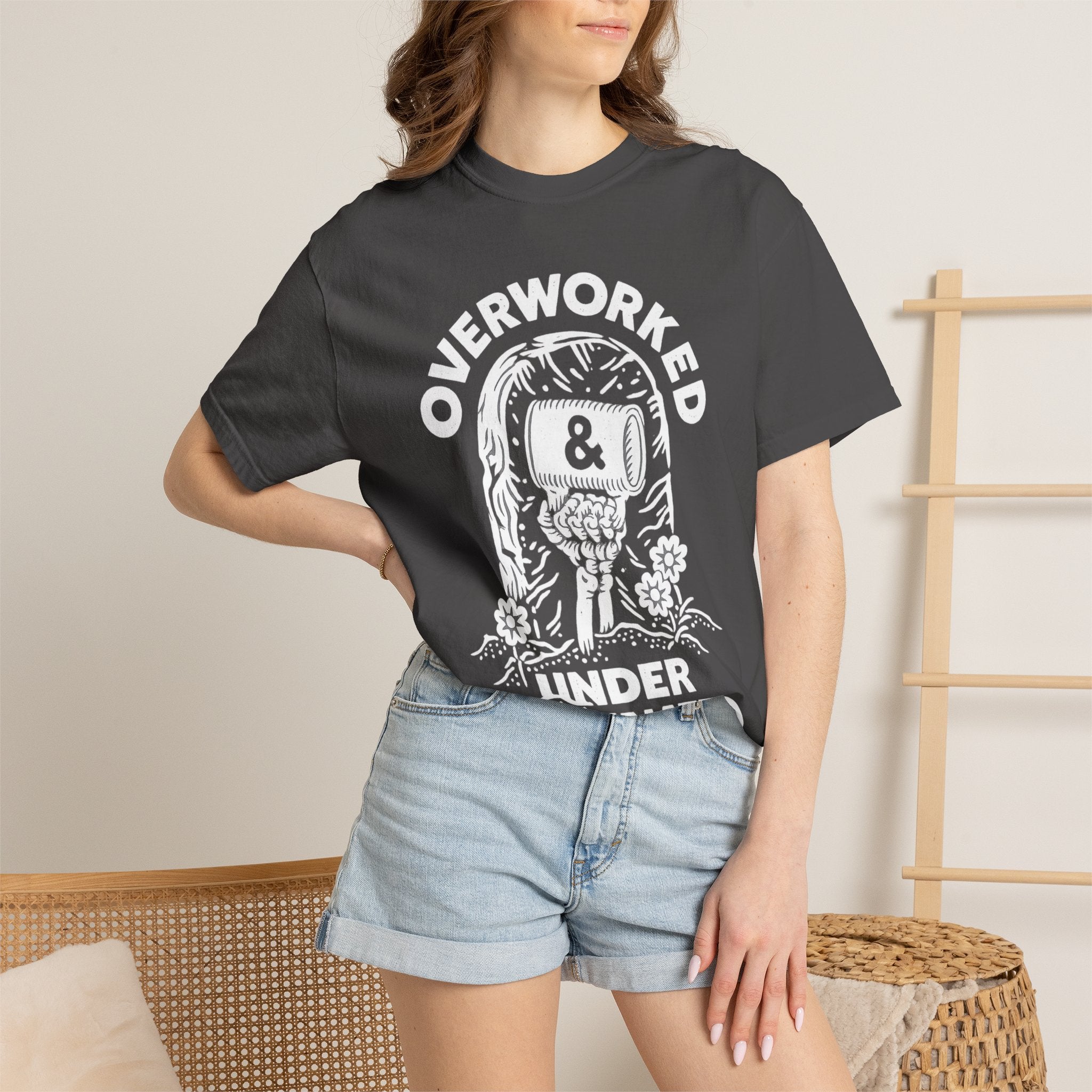 Overworked & Under Caffeinated T-Shirt — Funny Coffee Lover Tee