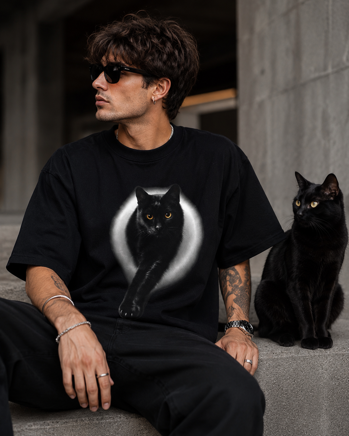 Premium black graphic T-shirt with a realistic black cat artwork on the front, perfect for cat lovers.