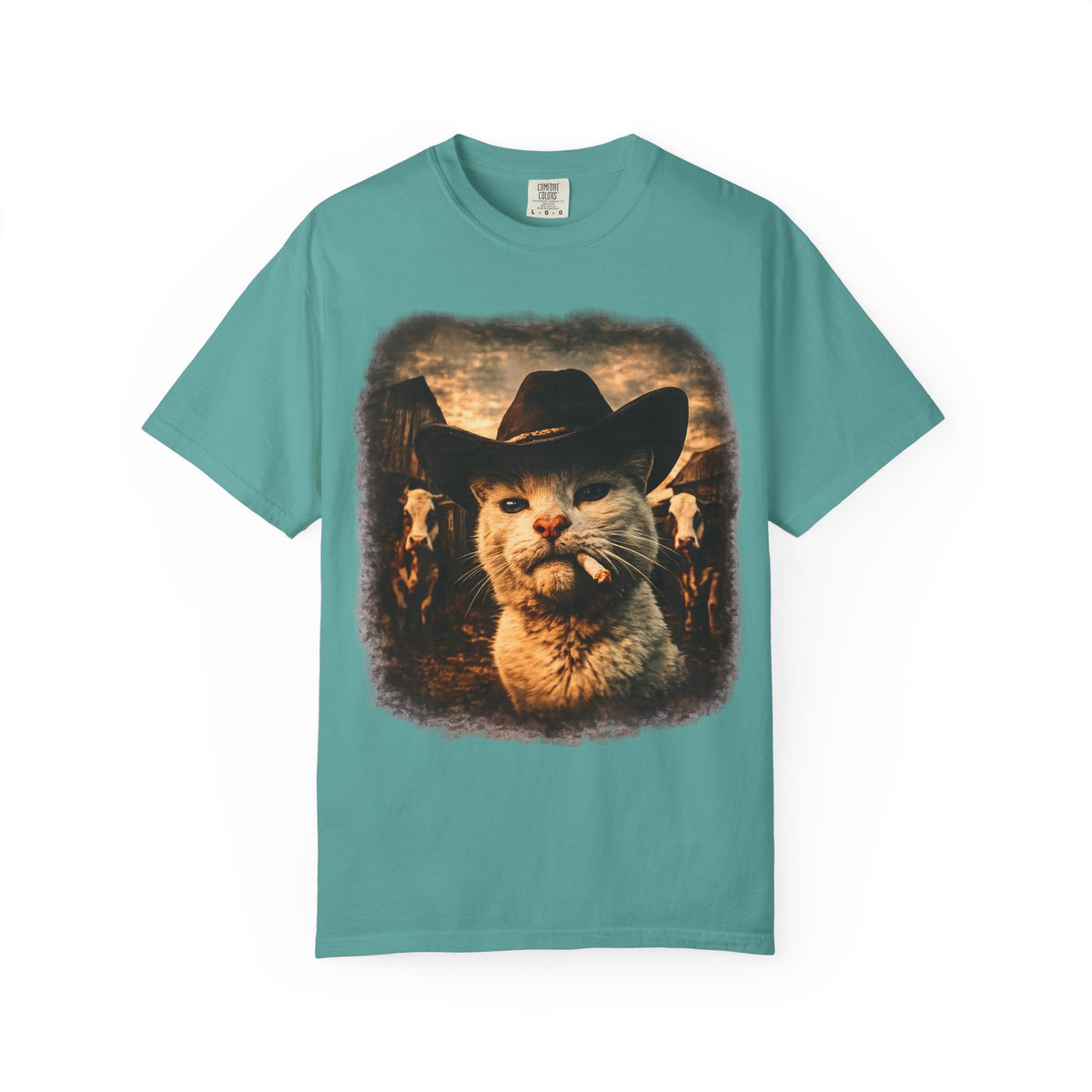 Black t-shirt with photorealistic white cat wearing a black cowboy hat and smoking, vintage sepia Western ranch scene with cattle, funny graphic tee