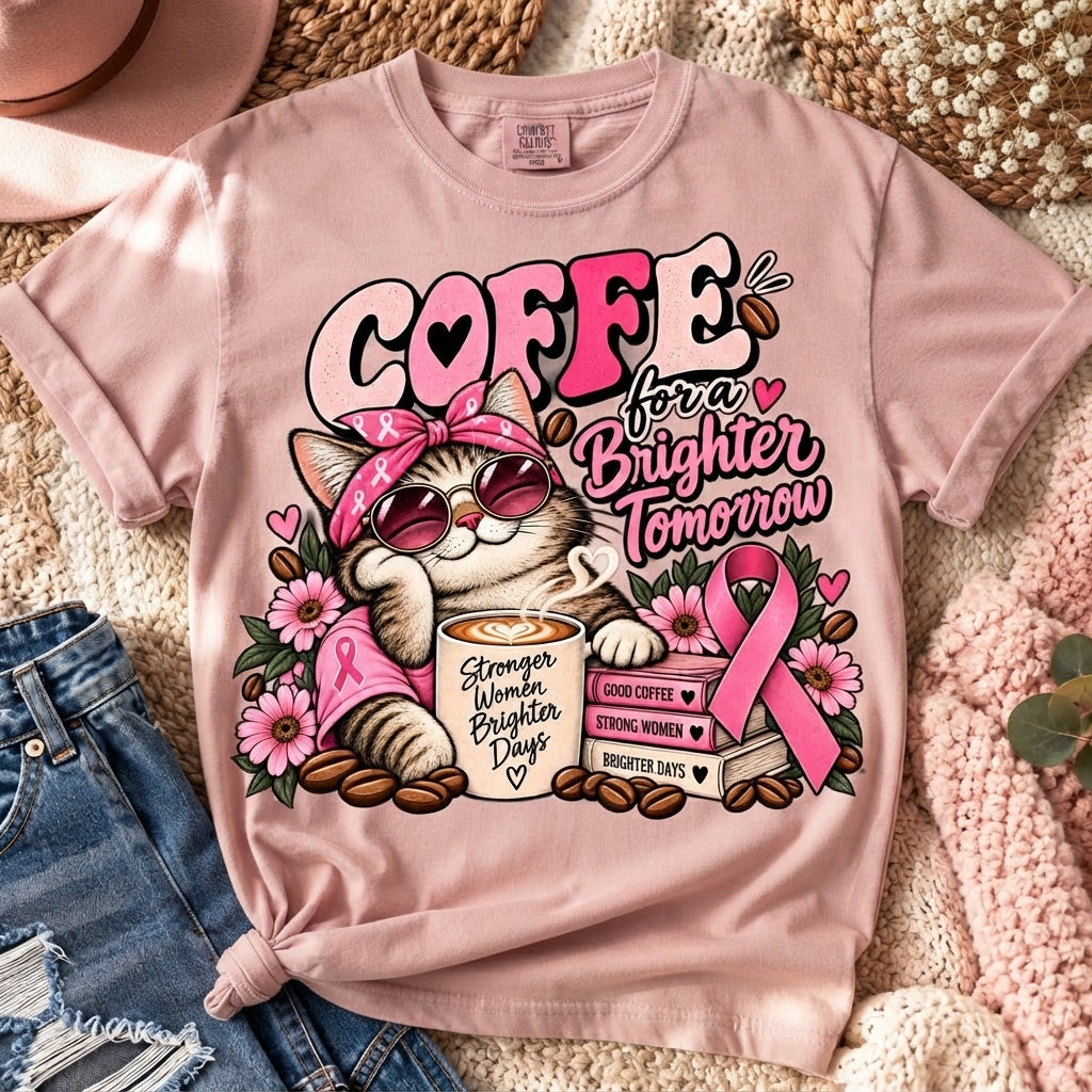 Breast Cancer Awareness Shirt, Coffee Lover Cat Tee, Pink Ribbon Graphic, Strong Women Gift, Comfort Colors October T-Shirt