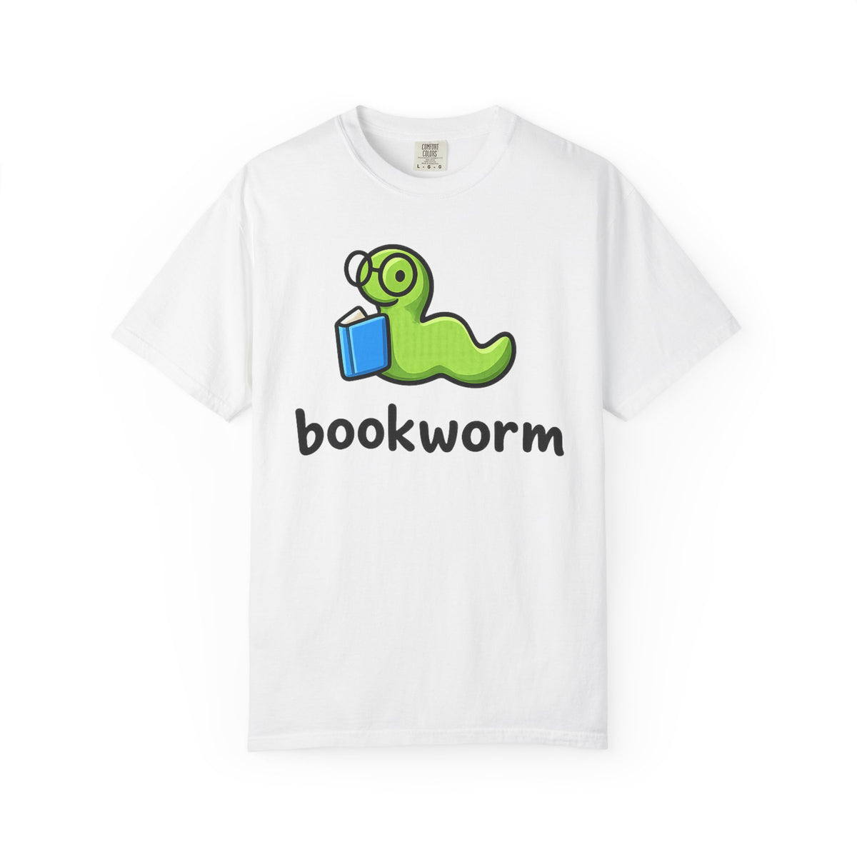 Cute bookworm graphic t-shirt with green worm wearing glasses reading a blue book, printed on periwinkle Comfort Colors garment-dyed cotton unisex tee for book lovers