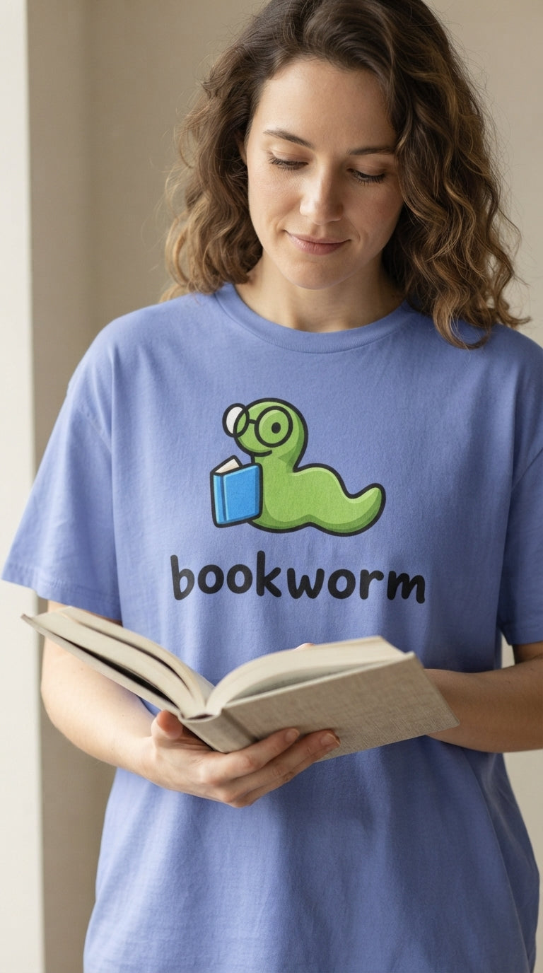 Cute bookworm graphic t-shirt with green worm wearing glasses reading a blue book, printed on periwinkle Comfort Colors garment-dyed cotton unisex tee for book lovers
