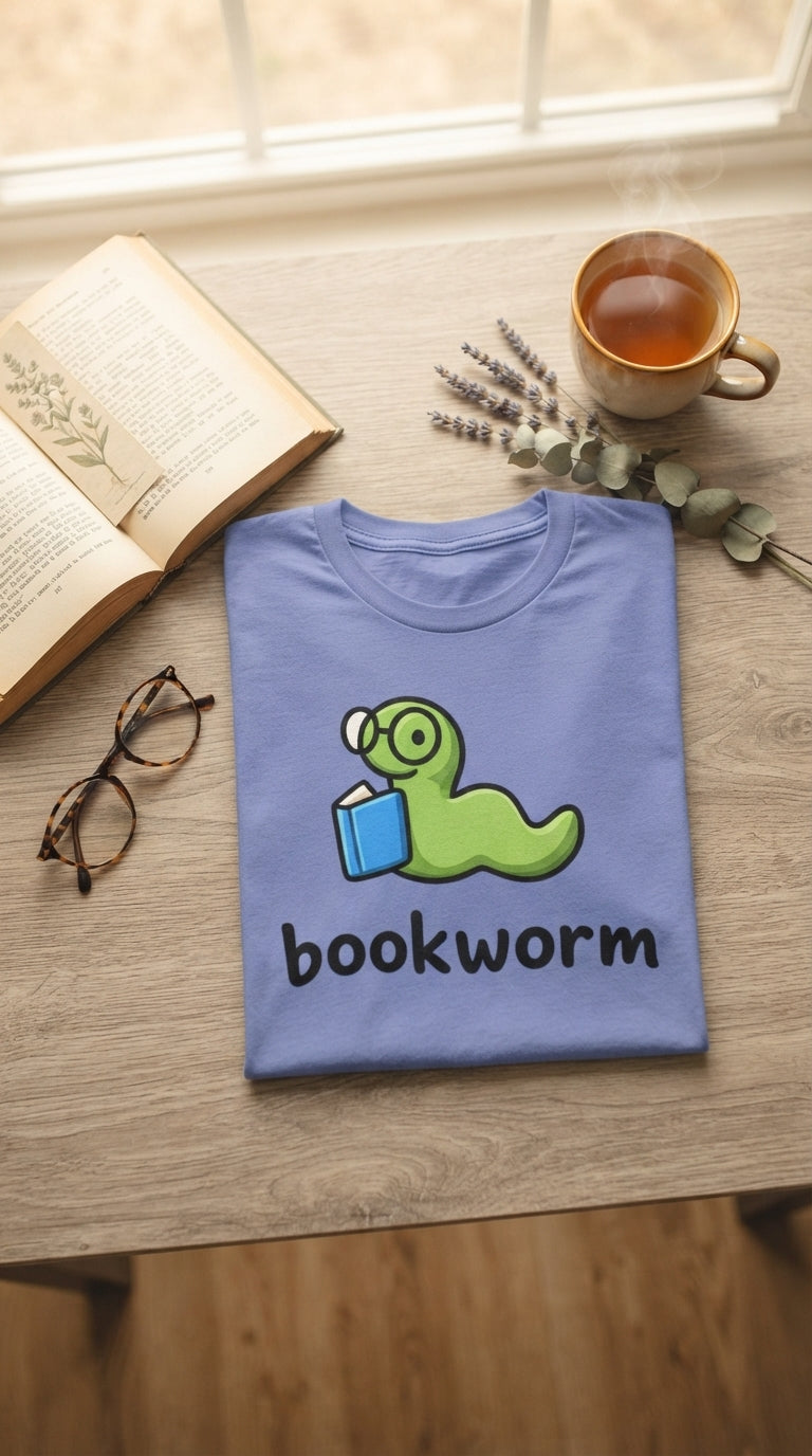 Cute bookworm graphic t-shirt with green worm wearing glasses reading a blue book, printed on periwinkle Comfort Colors garment-dyed cotton unisex tee for book lovers Cute bookworm graphic tee for book lovers and readers. Comfort Colors garment-dyed cotton, relaxed unisex fit. Fast US & EU shipping. Perfect reader gift.