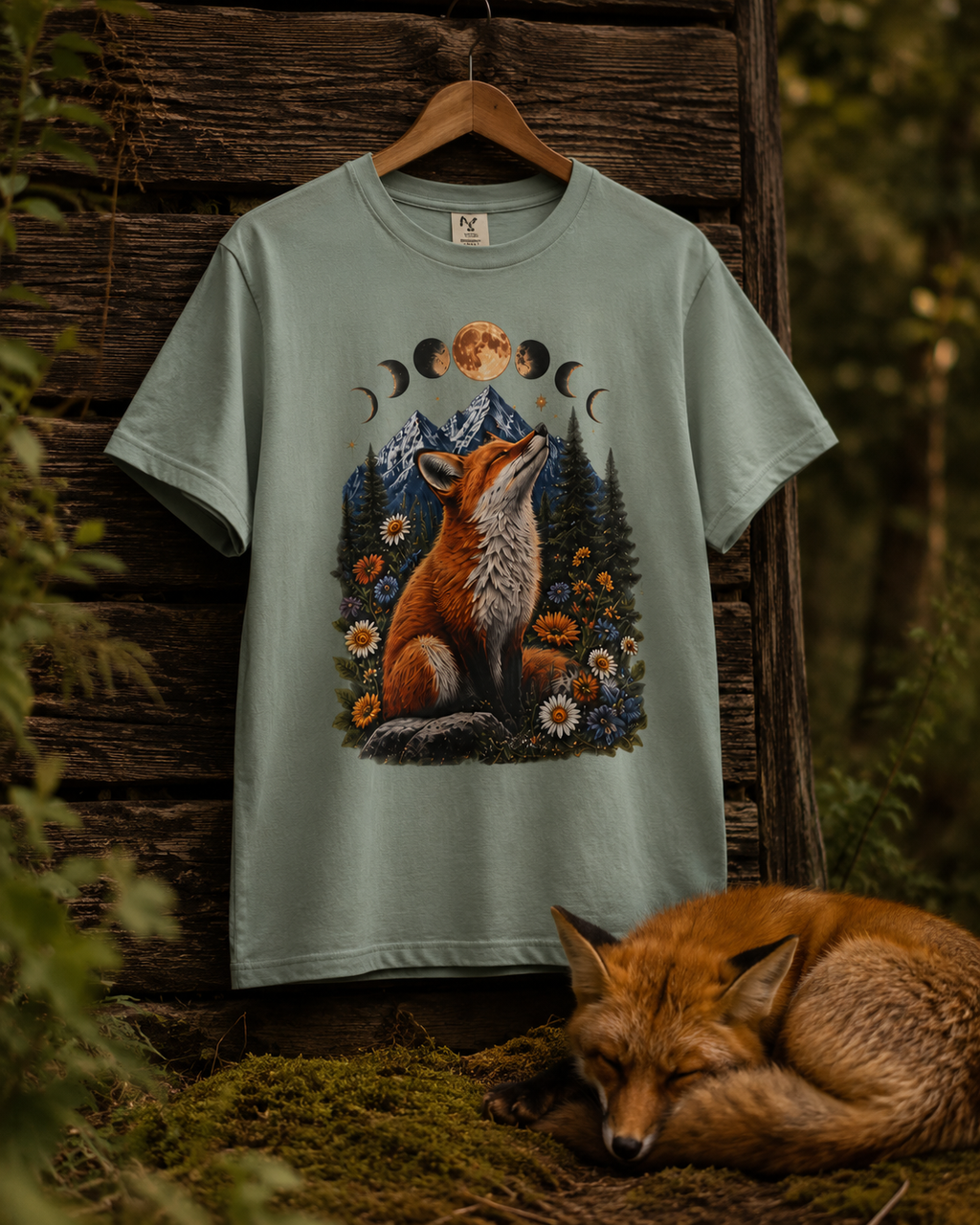 Mystical fox gazing at moon phases amid mountains & wildflowers. Vintage boho graphic tee for nature & celestial lovers. Order today!