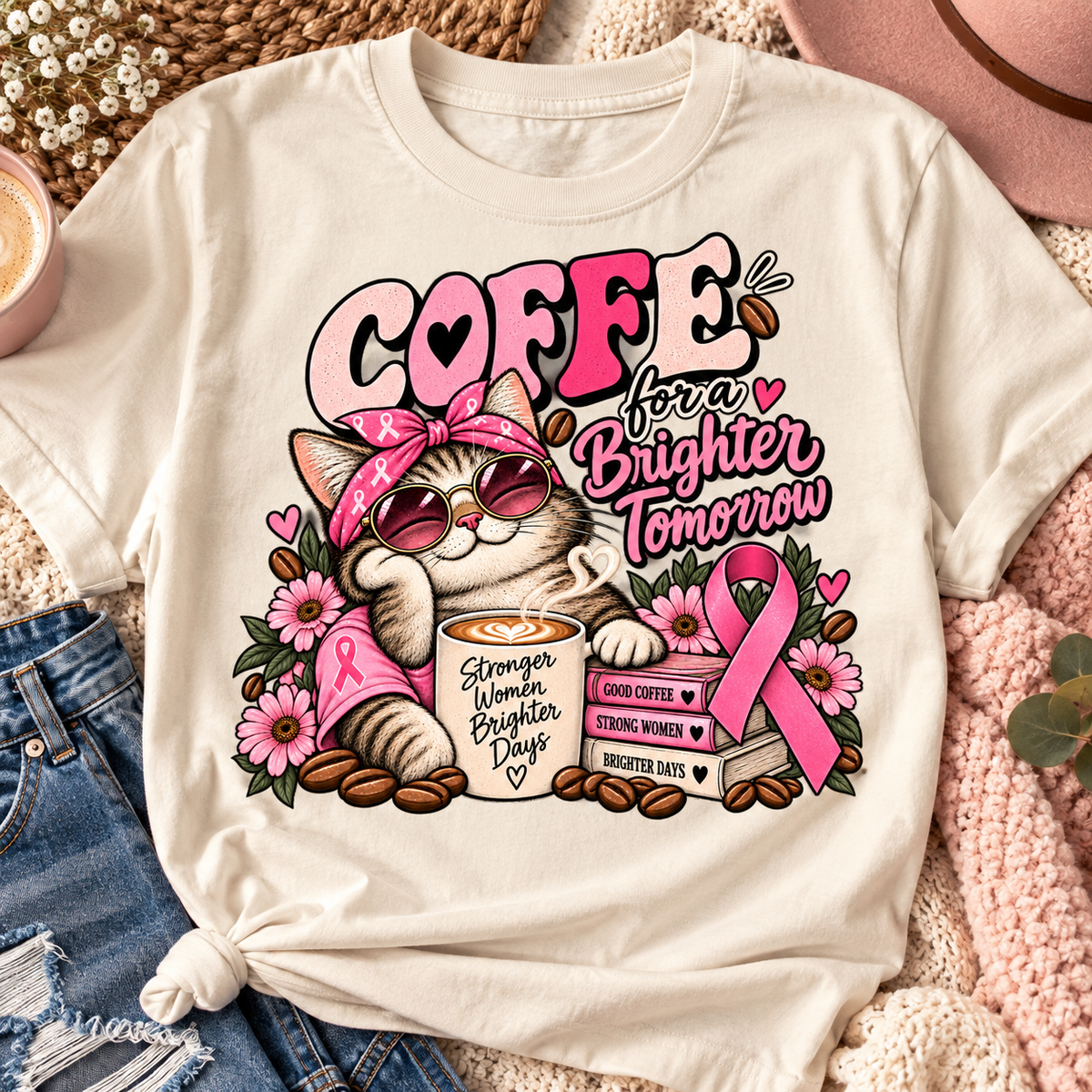 Breast Cancer Awareness Shirt, Coffee Lover Cat Tee, Pink Ribbon Graphic, Strong Women Gift, Comfort Colors October T-Shirt