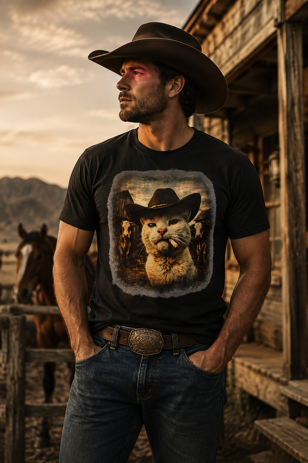 Black t-shirt with photorealistic white cat wearing a black cowboy hat and smoking, vintage sepia Western ranch scene with cattle, funny graphic tee