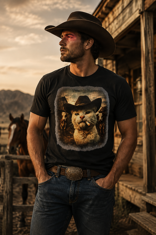 Black t-shirt with photorealistic white cat wearing a black cowboy hat and smoking, vintage sepia Western ranch scene with cattle, funny graphic tee