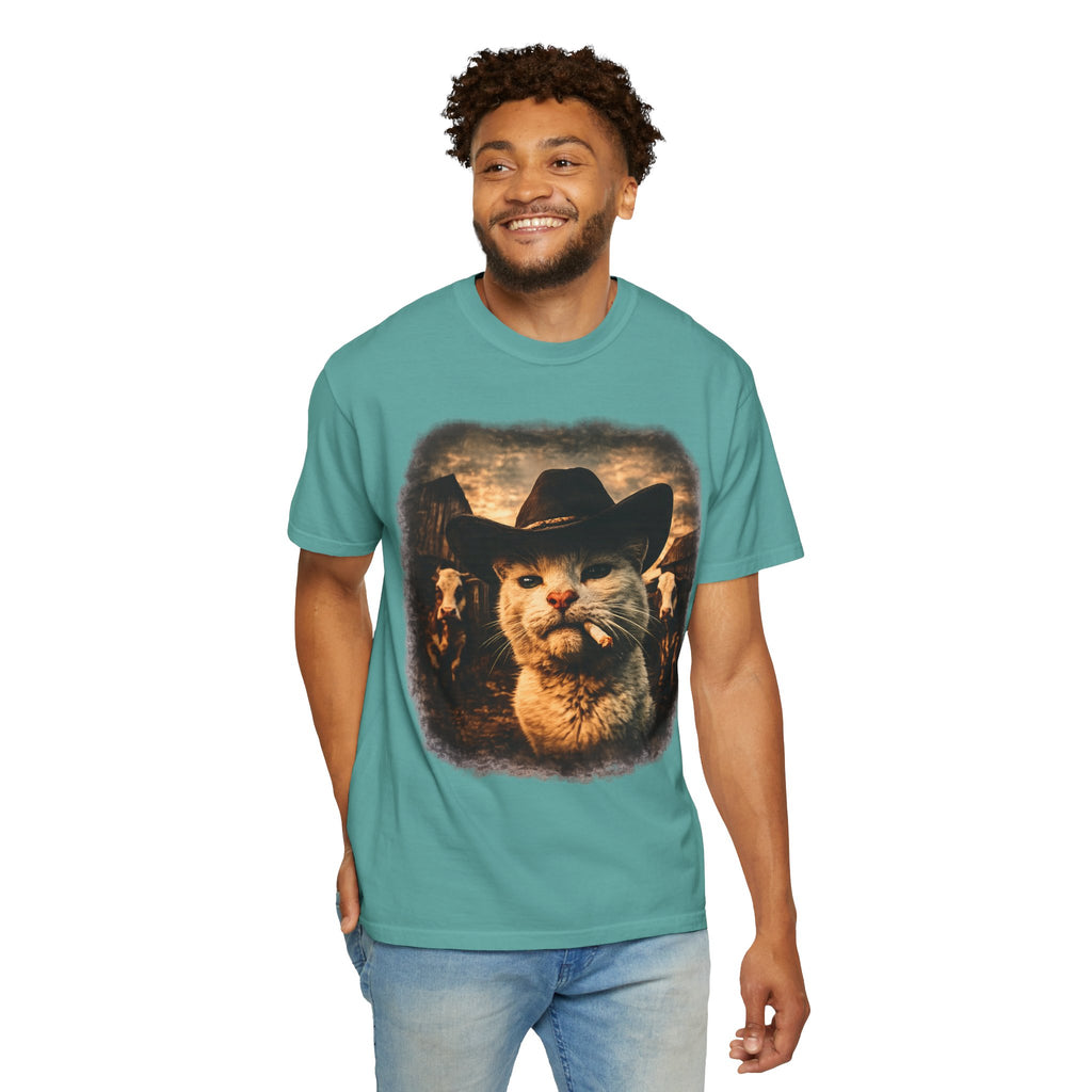 Black t-shirt with photorealistic white cat wearing a black cowboy hat and smoking, vintage sepia Western ranch scene with cattle, funny graphic tee
