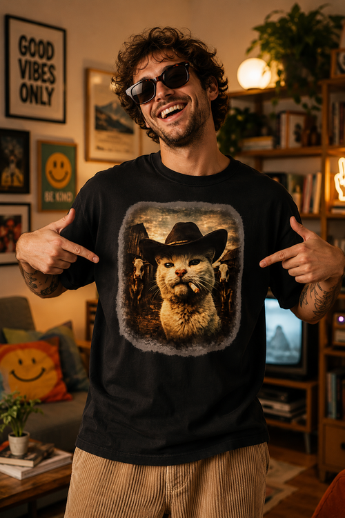Black t-shirt with photorealistic white cat wearing a black cowboy hat and smoking, vintage sepia Western ranch scene with cattle, funny graphic tee