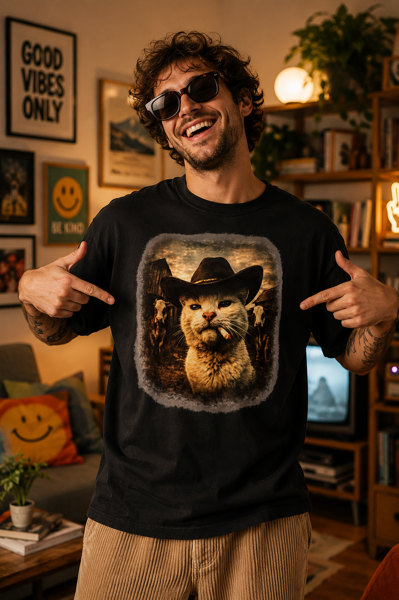 Black t-shirt with photorealistic white cat wearing a black cowboy hat and smoking, vintage sepia Western ranch scene with cattle, funny graphic tee