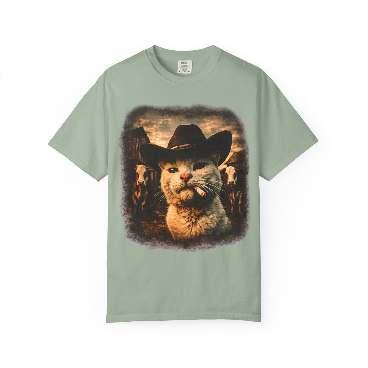 Black t-shirt with photorealistic white cat wearing a black cowboy hat and smoking, vintage sepia Western ranch scene with cattle, funny graphic tee