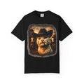 Black t-shirt with photorealistic white cat wearing a black cowboy hat and smoking, vintage sepia Western ranch scene with cattle, funny graphic tee