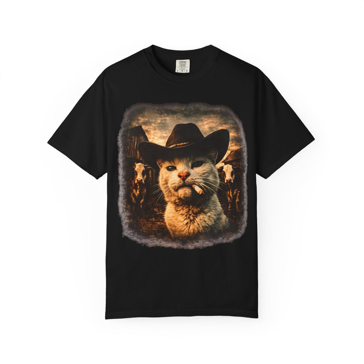 Black t-shirt with photorealistic white cat wearing a black cowboy hat and smoking, vintage sepia Western ranch scene with cattle, funny graphic tee