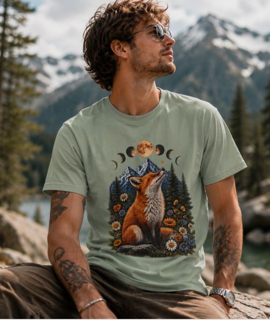 Celestial fox tee with vintage moon phases & mountain design. Boho woodland graphic perfect for nature lovers & witchy style. Shop now!