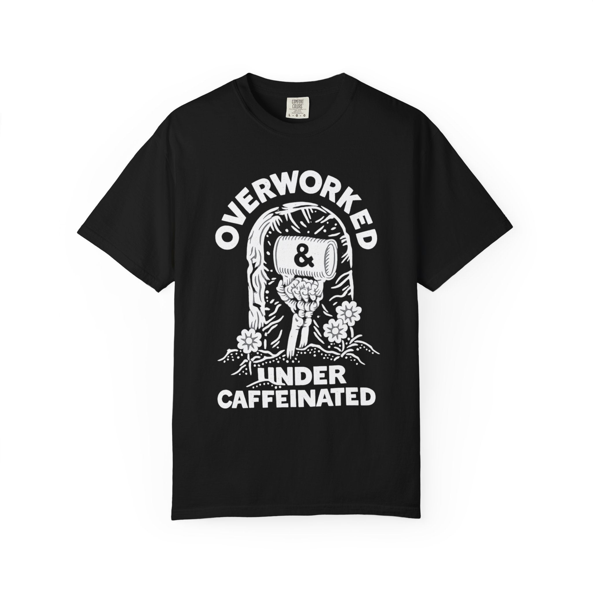 Funny vintage skeleton graphic T-shirt for coffee lovers, office workers, students, and anyone running on caffeine.