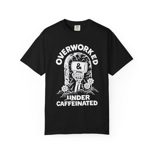 Funny vintage skeleton graphic T-shirt for coffee lovers, office workers, students, and anyone running on caffeine.
