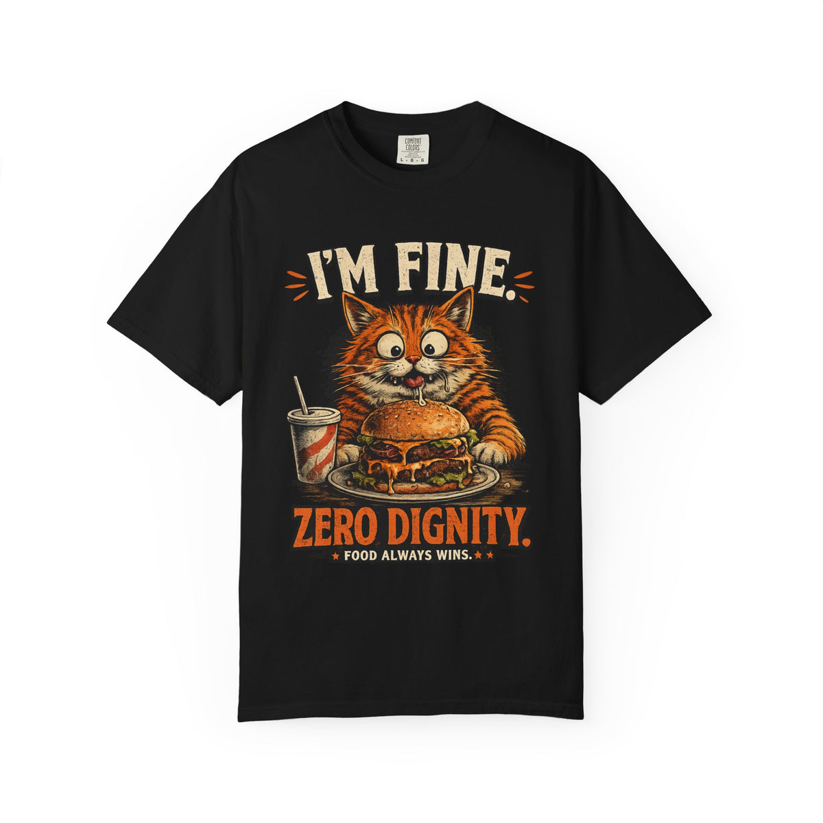 funny orange cat graphic t-shirt with "I'm Fine Zero Dignity Food Always Wins" text and cartoon cat eating a burger, vintage print on black premium cotton unisex tee funny gift ideas for cat lovers best cat shirts for cat moms