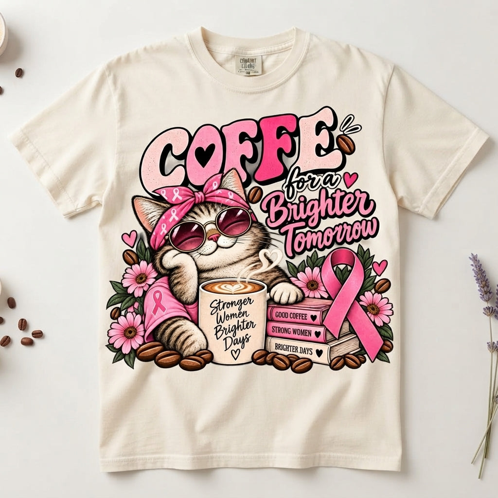 Breast Cancer Awareness Shirt, Coffee Lover Cat Tee, Pink Ribbon Graphic, Strong Women Gift, Comfort Colors October T-Shirt