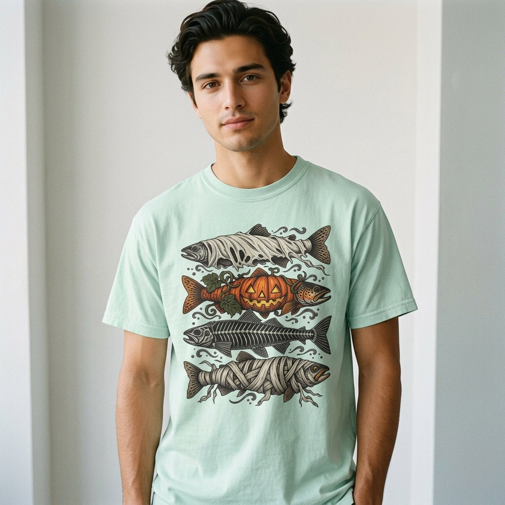 Halloween Fishing Shirt, Spooky Fish Skeleton Tee, Pumpkin Bass Graphic, Mummy Fish Design, Vintage Fisherman Gift, Comfort Colors