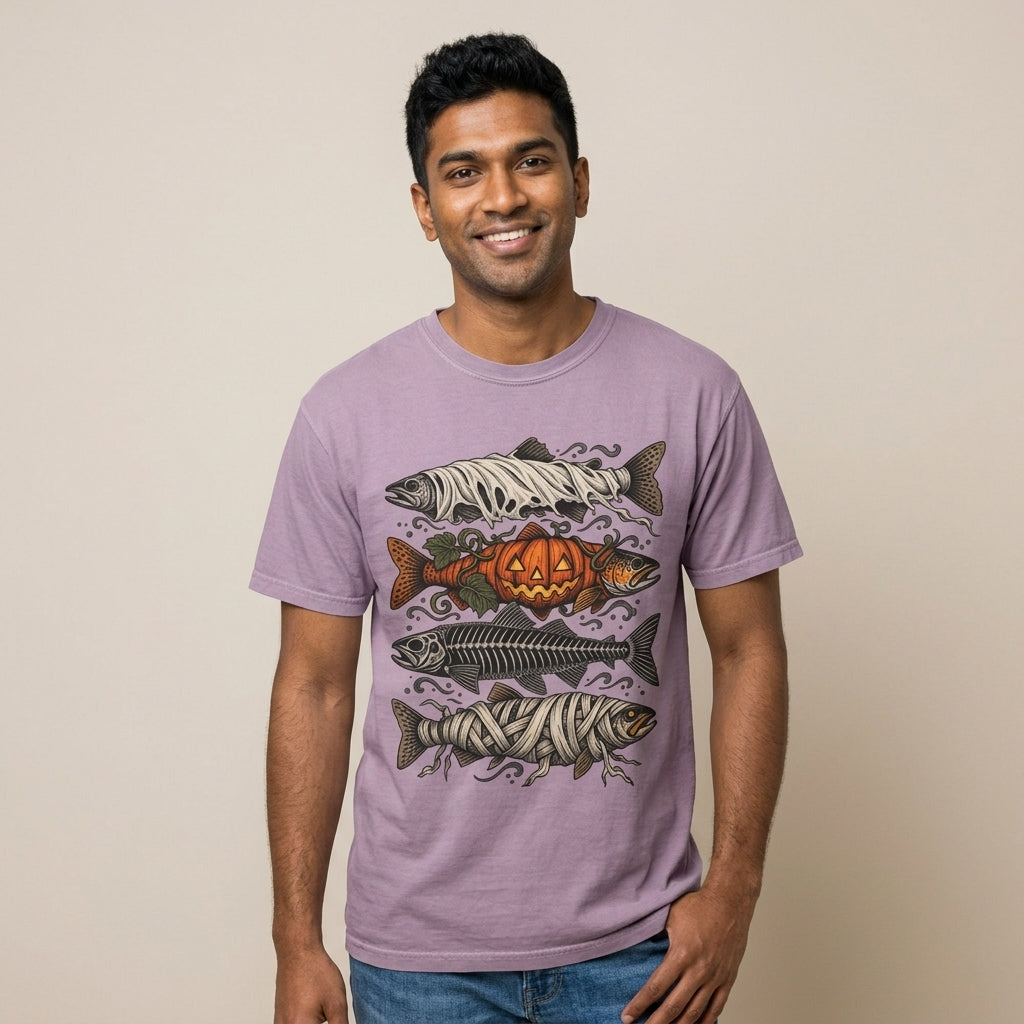 Halloween Fishing Shirt, Spooky Fish Skeleton Tee, Pumpkin Bass Graphic, Mummy Fish Design, Vintage Fisherman Gift, Comfort Colors