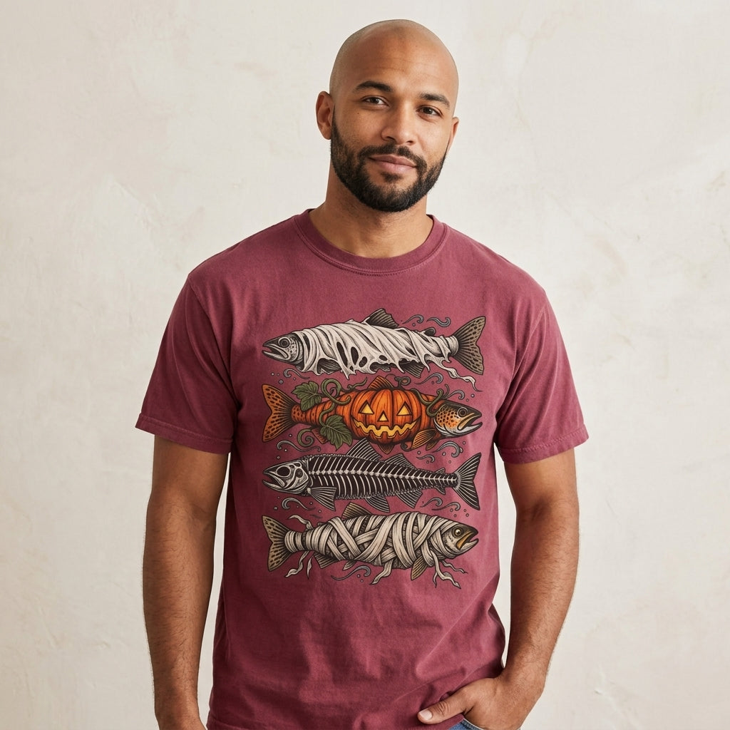 Halloween Fishing Shirt, Spooky Fish Skeleton Tee, Pumpkin Bass Graphic, Mummy Fish Design, Vintage Fisherman Gift, Comfort Colors
