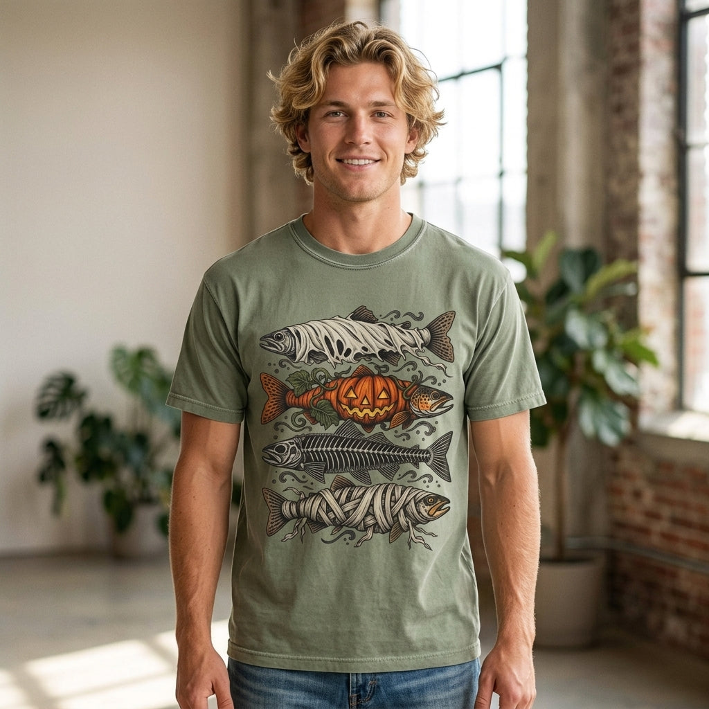 Halloween Fishing Shirt, Spooky Fish Skeleton Tee, Pumpkin Bass Graphic, Mummy Fish Design, Vintage Fisherman Gift, Comfort Colors