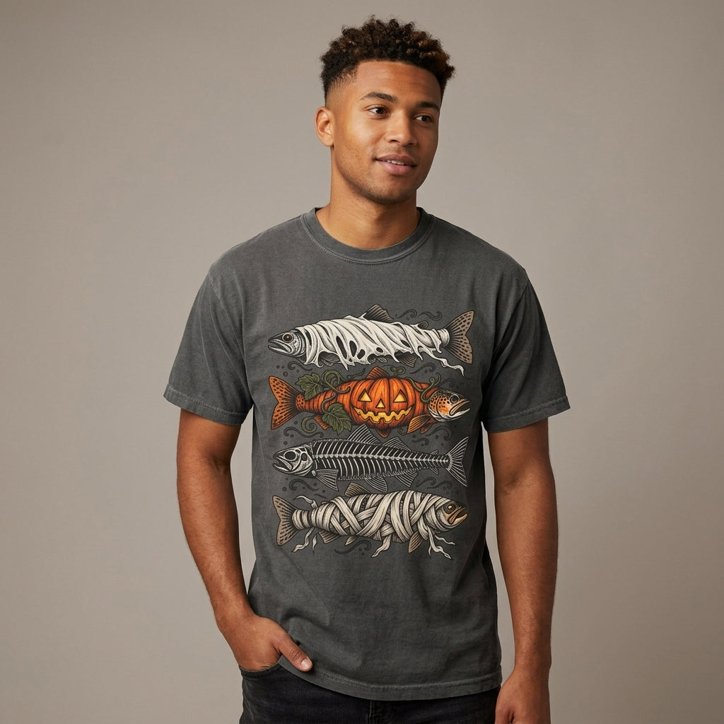 Halloween Fishing Shirt, Spooky Fish Skeleton Tee, Pumpkin Bass Graphic, Mummy Fish Design, Vintage Fisherman Gift, Comfort Colors