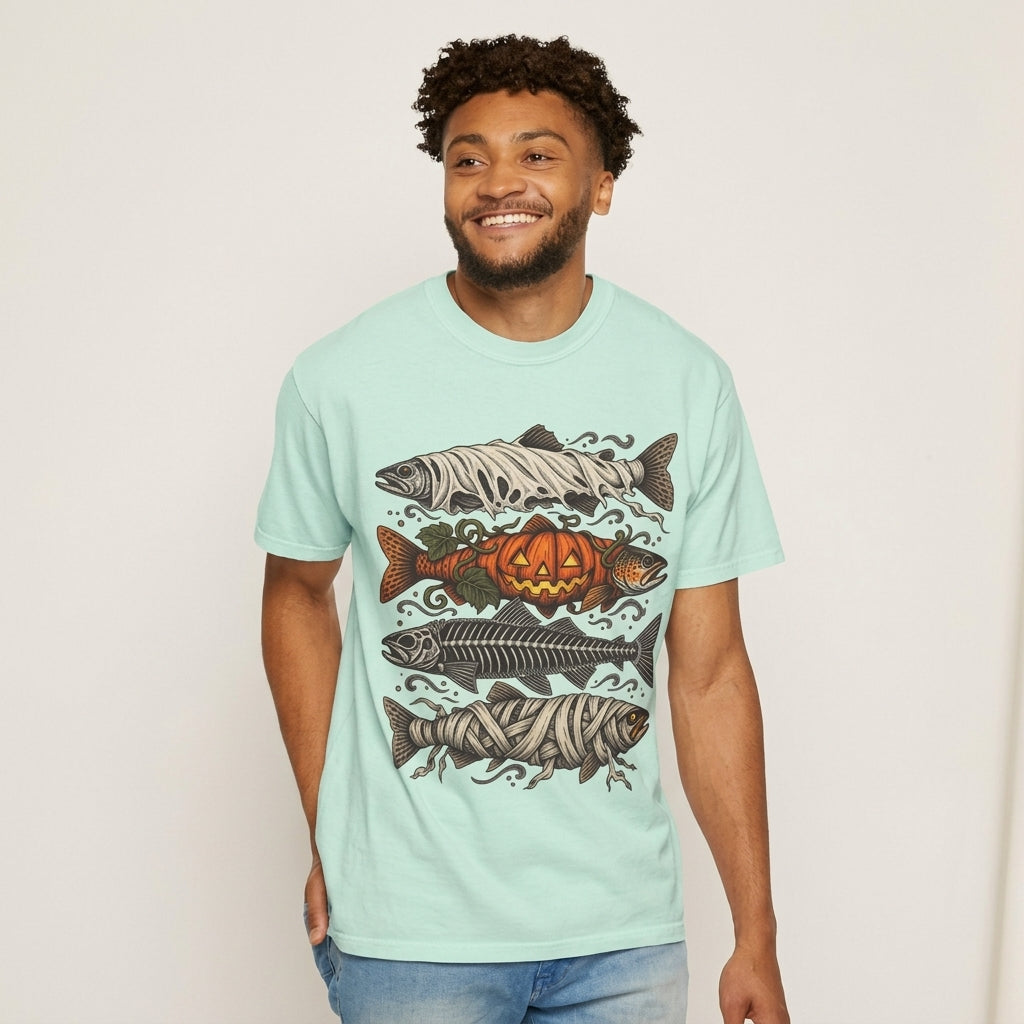 Halloween Fishing Shirt, Spooky Fish Skeleton Tee, Pumpkin Bass Graphic, Mummy Fish Design, Vintage Fisherman Gift, Comfort Colors