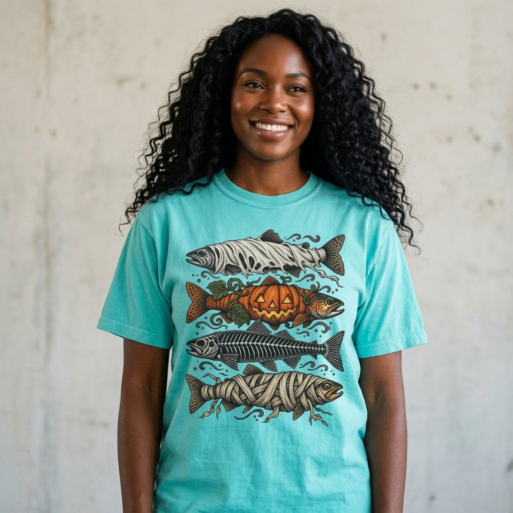 Halloween Fishing Shirt, Spooky Fish Skeleton Tee, Pumpkin Bass Graphic, Mummy Fish Design, Vintage Fisherman Gift, Comfort Colors