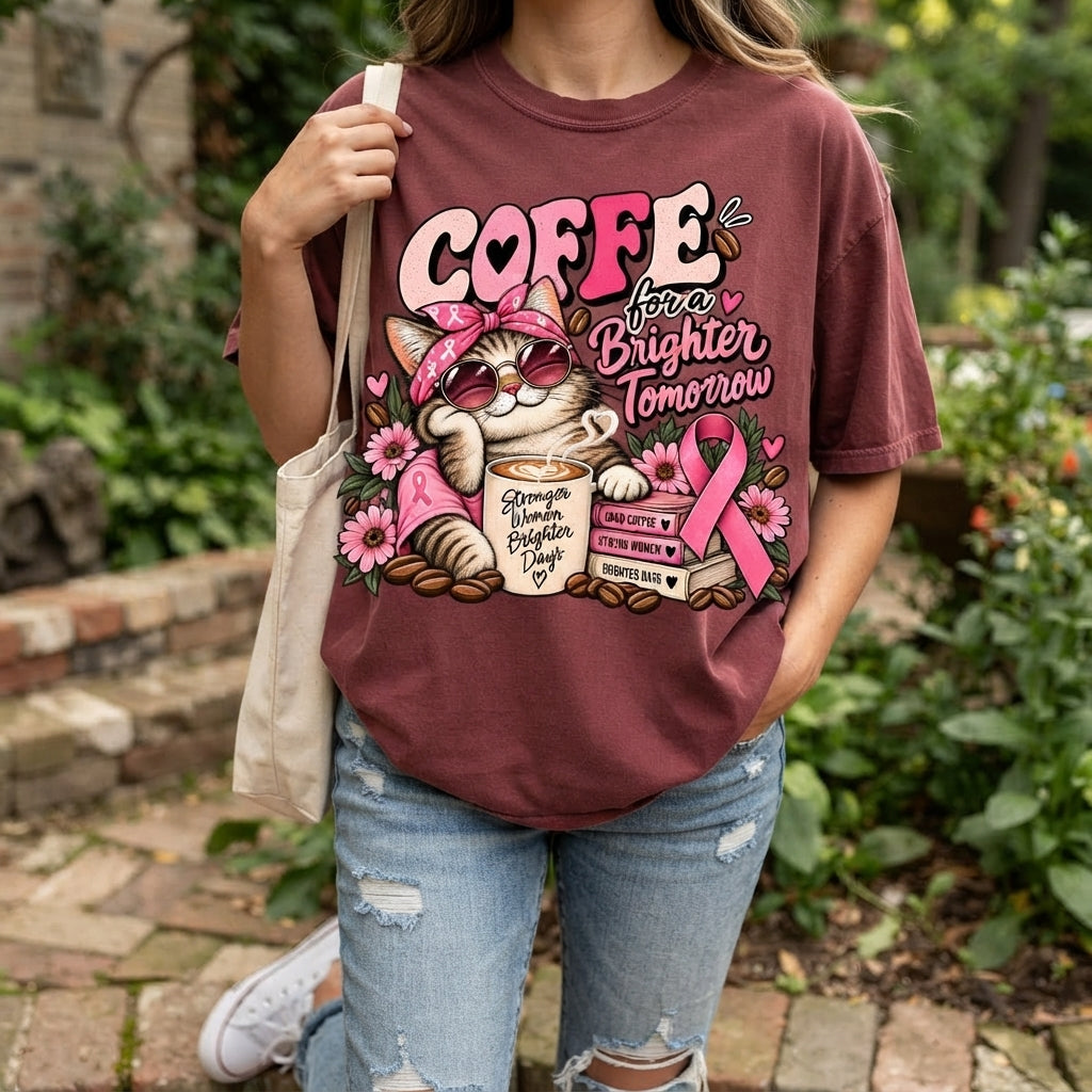 Breast Cancer Awareness Shirt, Coffee Lover Cat Tee, Pink Ribbon Graphic, Strong Women Gift, Comfort Colors October T-Shirt