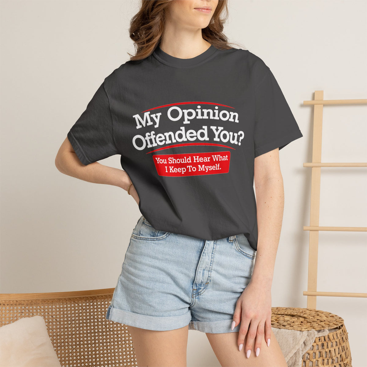 Funny sarcastic t-shirt with My Opinion Offended You You Should Hear What I Keep To Myself text in bold red and white on black cotton unisex tee