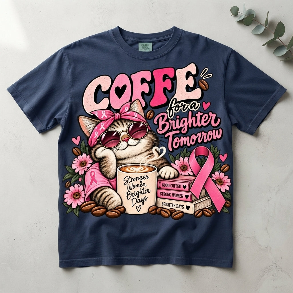 Breast Cancer Awareness Shirt, Coffee Lover Cat Tee, Pink Ribbon Graphic, Strong Women Gift, Comfort Colors October T-Shirt