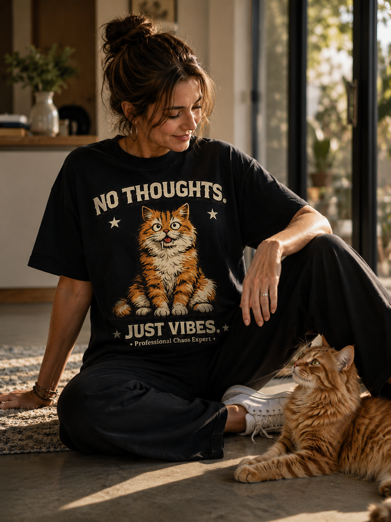 Funny orange cat graphic printed on a black unisex t-shirt with the quote "No Thoughts Just Vibes" for cat lovers and streetwear fashion.
