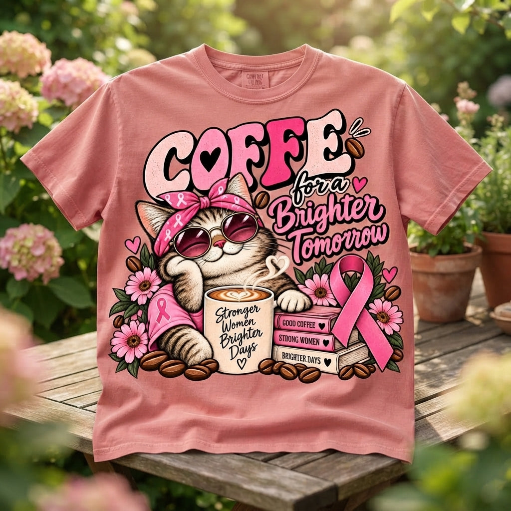 Breast Cancer Awareness Shirt, Coffee Lover Cat Tee, Pink Ribbon Graphic, Strong Women Gift, Comfort Colors October T-Shirt