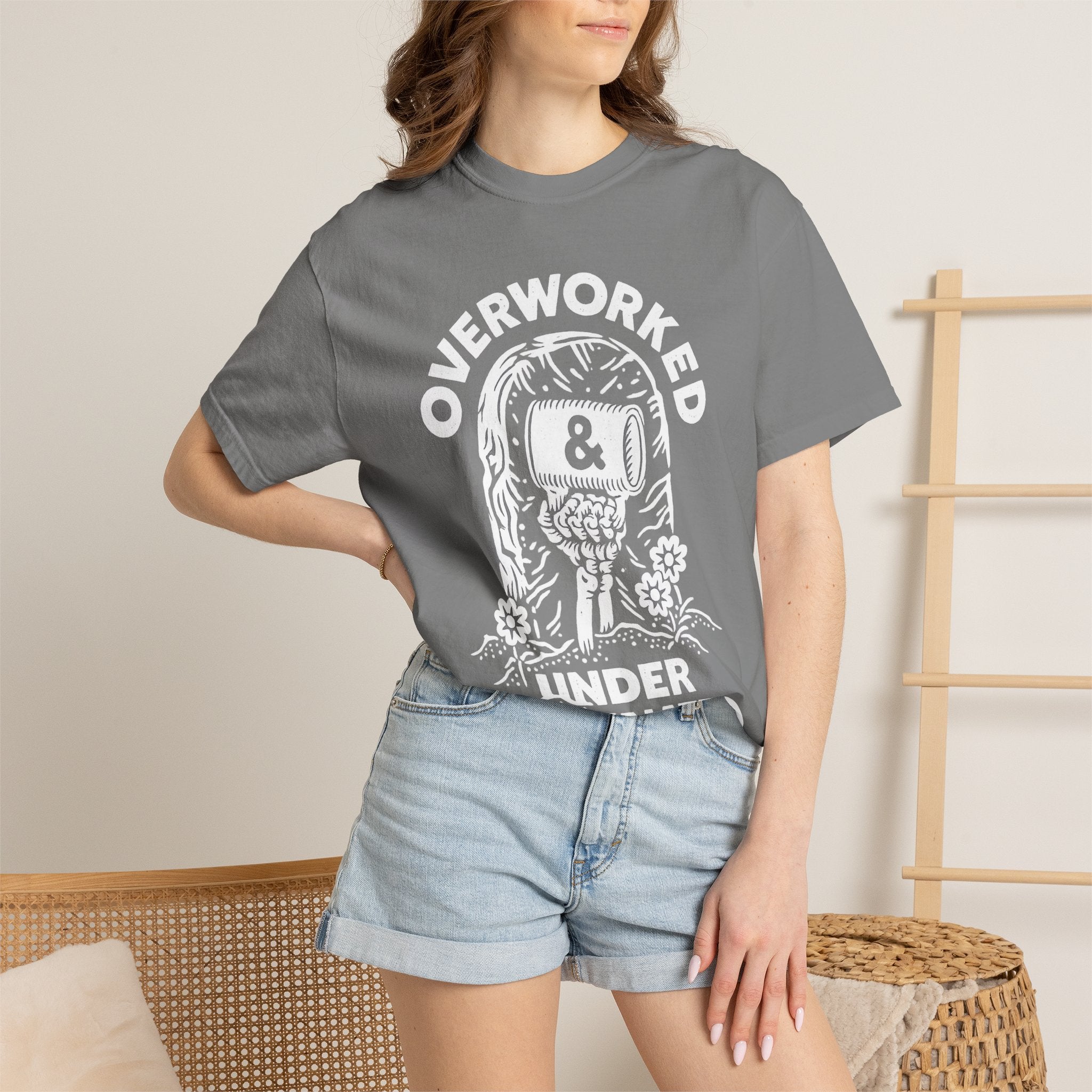 Funny vintage skeleton graphic T-shirt for coffee lovers, office workers, students, and anyone running on caffeine.