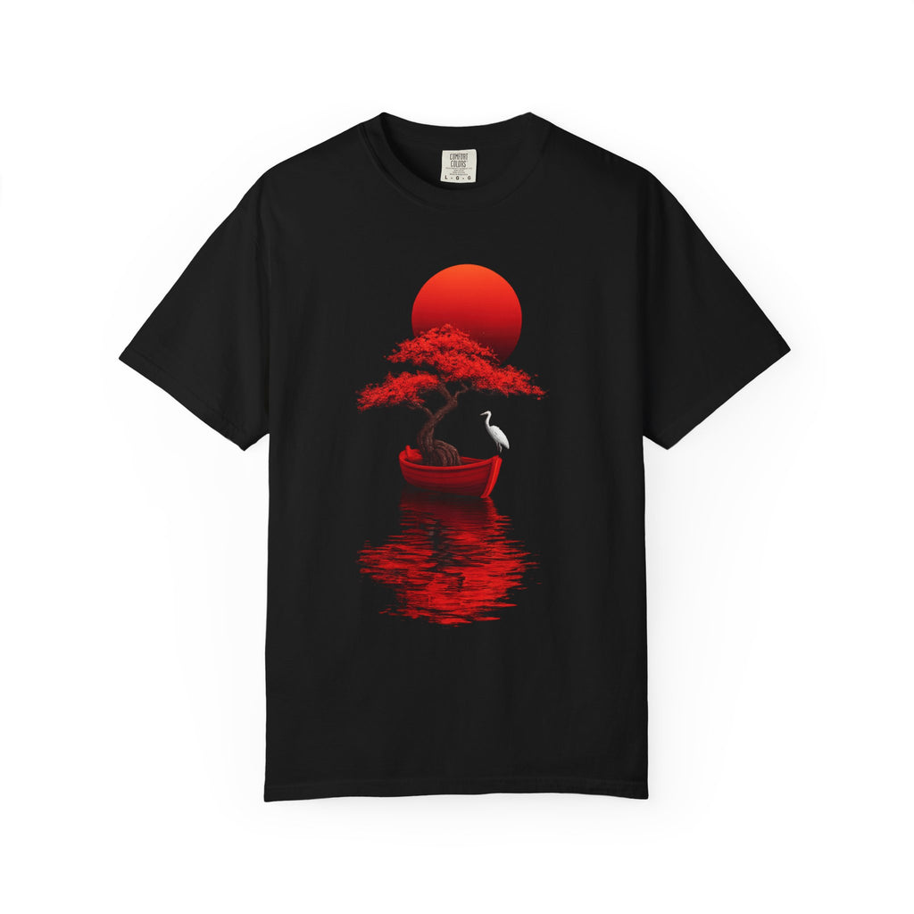 wearing black t-shirt with red bonsai tree in a boat under a rising sun and white heron, minimalist Japanese art print on premium cotton unisex tee
