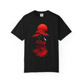 wearing black t-shirt with red bonsai tree in a boat under a rising sun and white heron, minimalist Japanese art print on premium cotton unisex tee