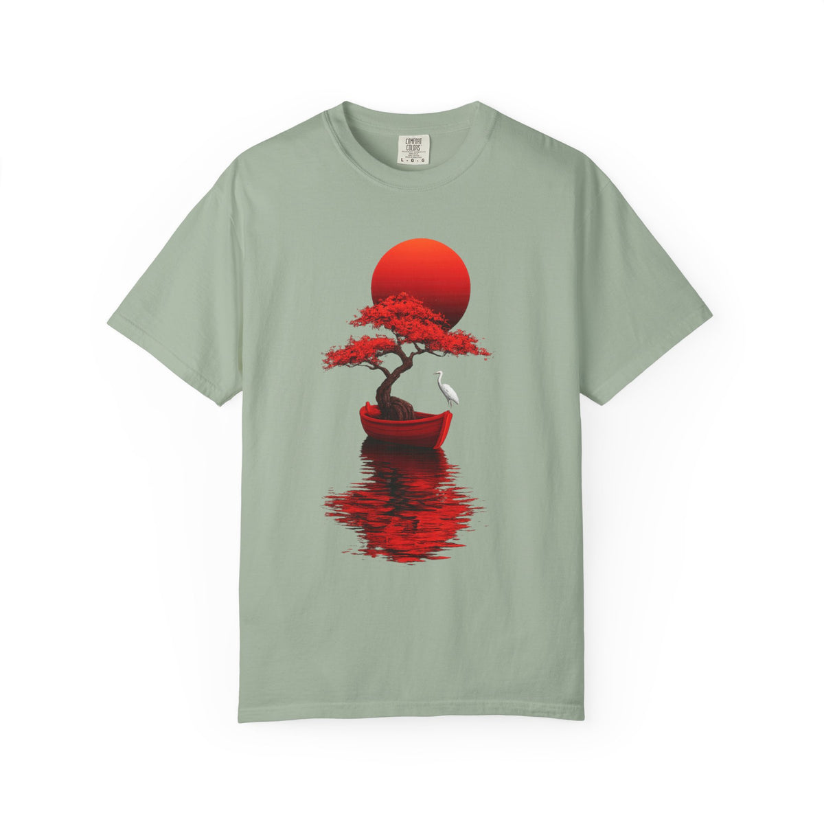 Man wearing black t-shirt with red bonsai tree in a boat under a rising sun and white heron, minimalist Japanese art print on premium cotton unisex tee
