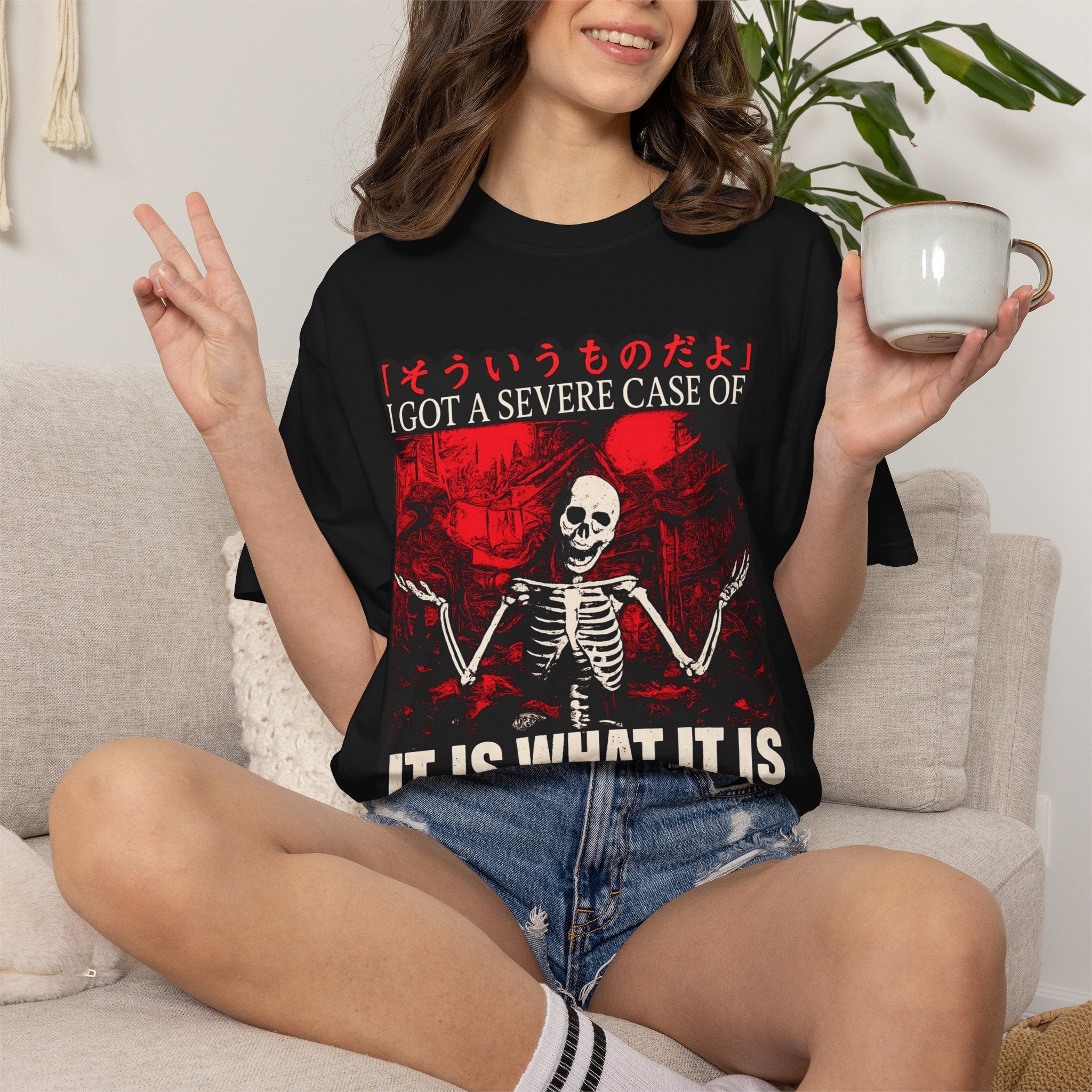 Vintage skeleton streetwear graphic tee with red Japanese artwork and bold typography.