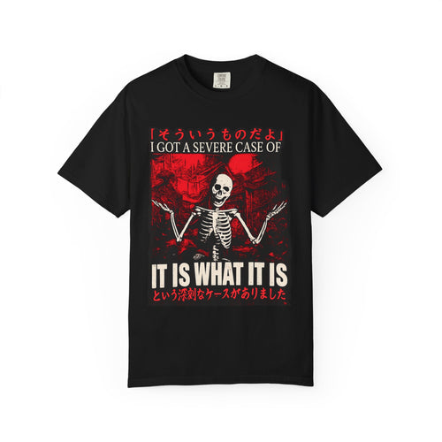 Skeleton anime graphic T-shirt featuring a vintage skull illustration with the quote "It Is What It Is" on a black premium unisex tee.