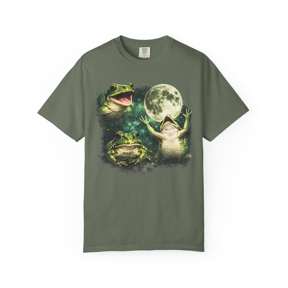 Funny three frogs howling at the moon graphic tee — cosmic parody design on washed vintage black cotton. Oversized fit. Free US & EU shipping.