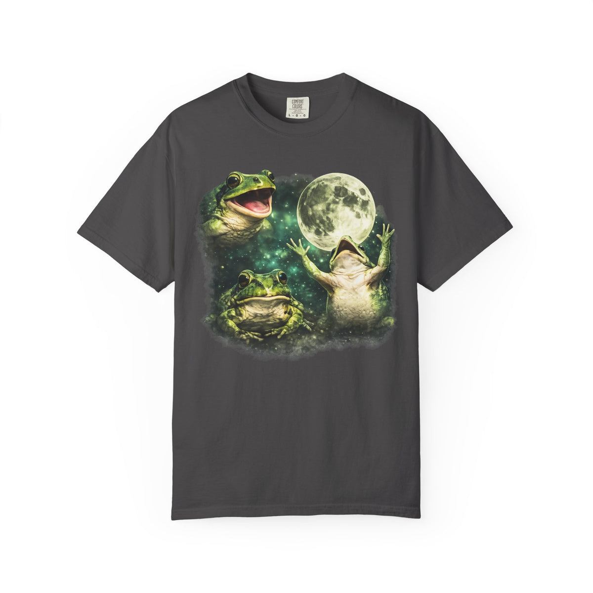 Man wearing oversized washed black t-shirt with three photorealistic frogs howling at a full moon against a cosmic green nebula, vintage parody graphic tee