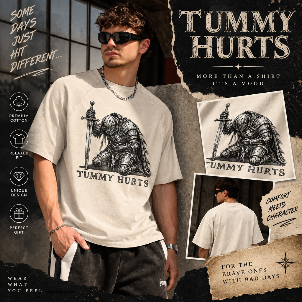 Tummy Hurts Knight Shirt, Funny Medieval Graphic Tee, Dark Fantasy Armor T Shirt, Gothic Humor Gift, Comfort Colors Unisex Top