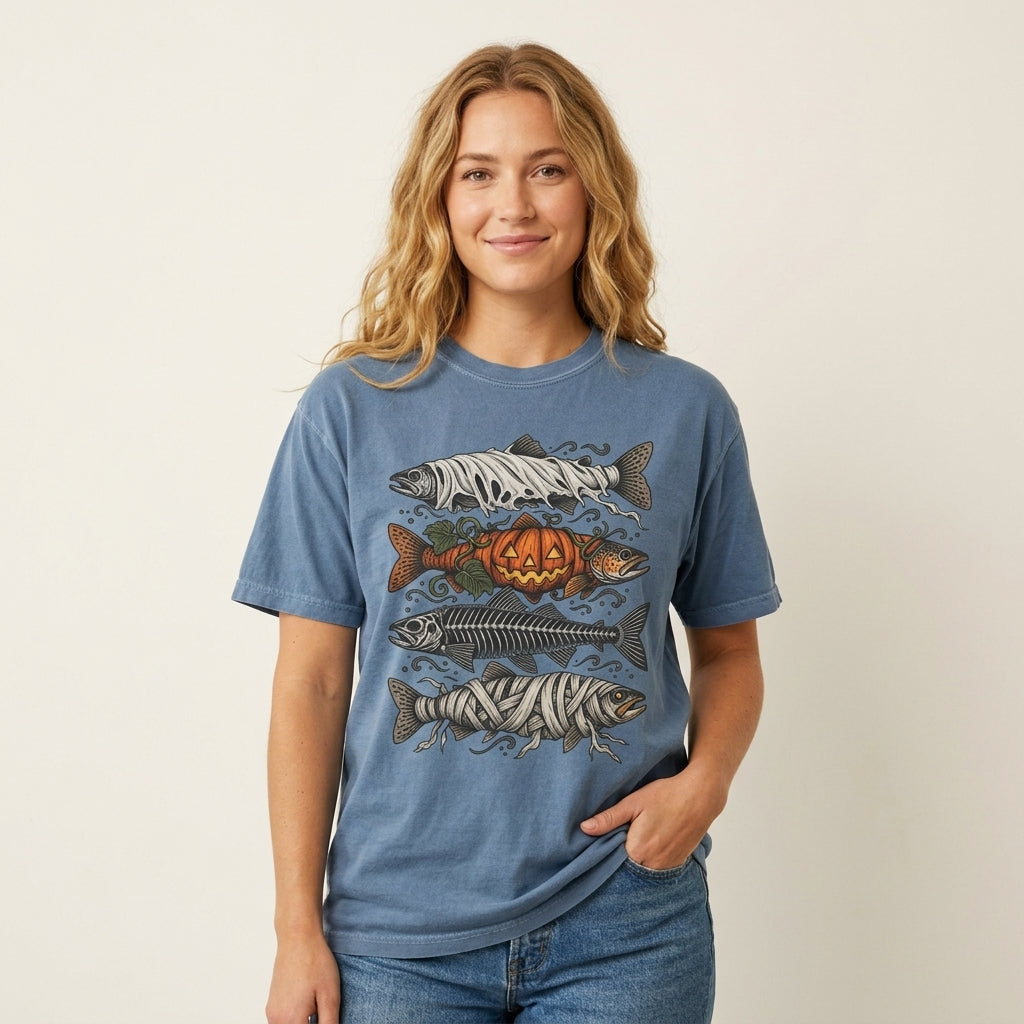Halloween Fishing Shirt, Spooky Fish Skeleton Tee, Pumpkin Bass Graphic, Mummy Fish Design, Vintage Fisherman Gift, Comfort Colors
