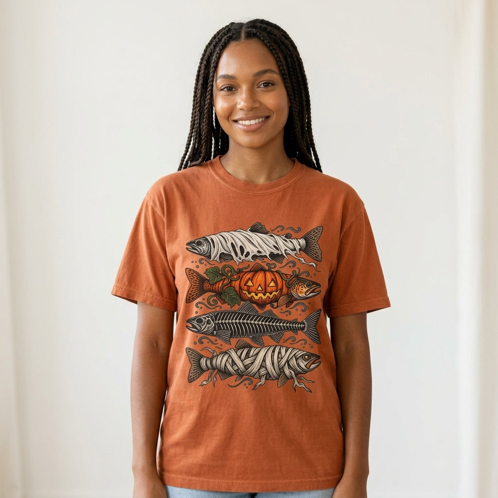 Halloween Fishing Shirt, Spooky Fish Skeleton Tee, Pumpkin Bass Graphic, Mummy Fish Design, Vintage Fisherman Gift, Comfort Colors