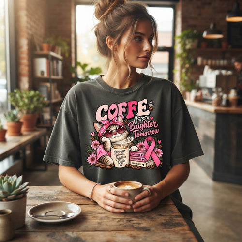 Breast Cancer Awareness Shirt, Coffee Lover Cat Tee, Pink Ribbon Graphic, Strong Women Gift, Comfort Colors October T-Shirt