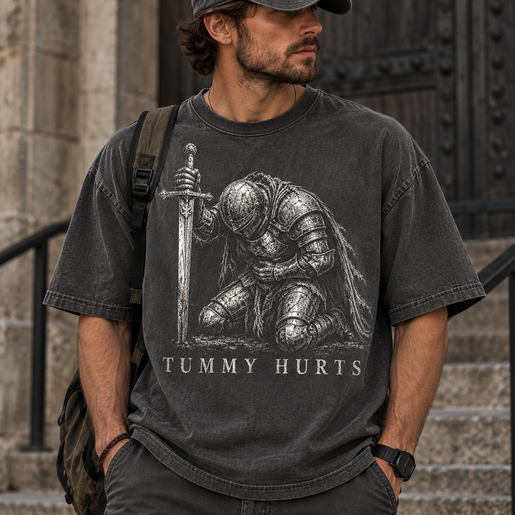 Tummy Hurts Knight Shirt, Funny Medieval Graphic Tee, Dark Fantasy Armor T Shirt, Gothic Humor Gift, Comfort Colors Unisex Top