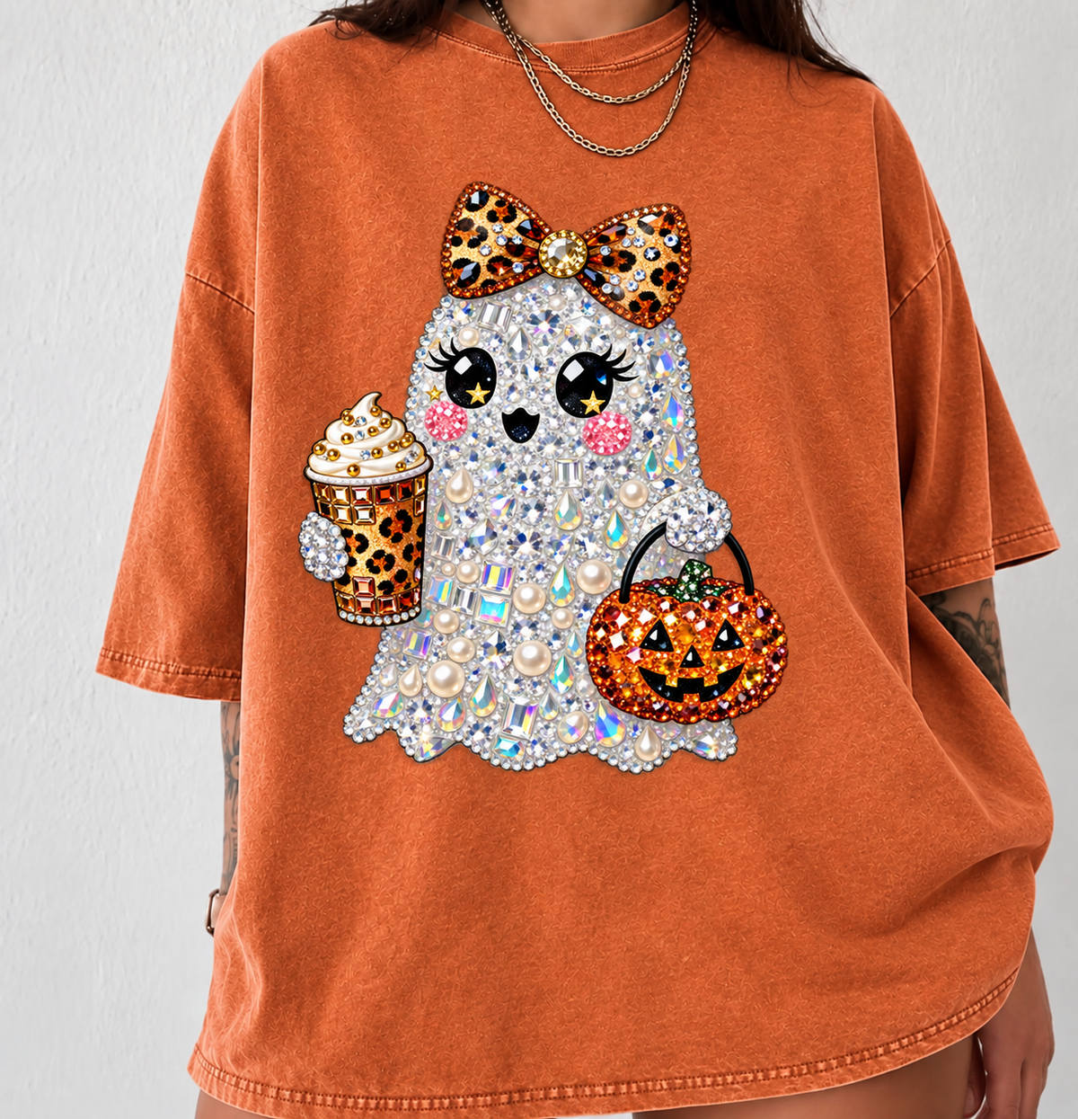 Halloween Ghost Shirt, Sparkly Leopard Bow Tee, Pumpkin Spice Coffee Graphic T-Shirt, Cute Spooky Season Top, Fall Gift for Her
