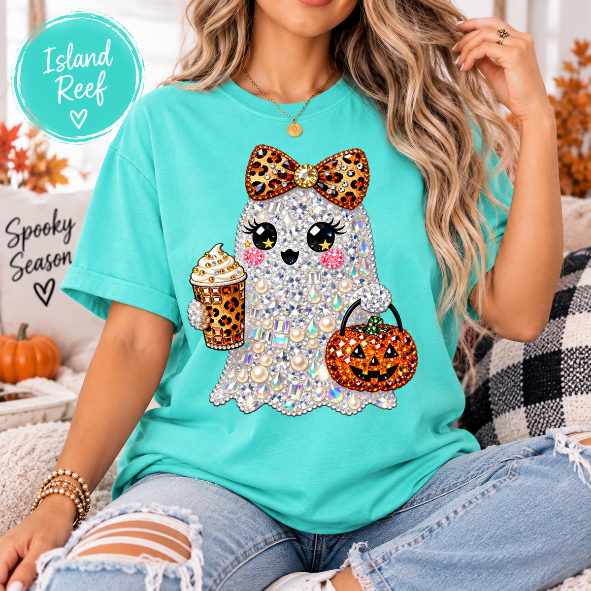 Halloween Ghost Shirt, Sparkly Leopard Bow Tee, Pumpkin Spice Coffee Graphic T-Shirt, Cute Spooky Season Top, Fall Gift for Her