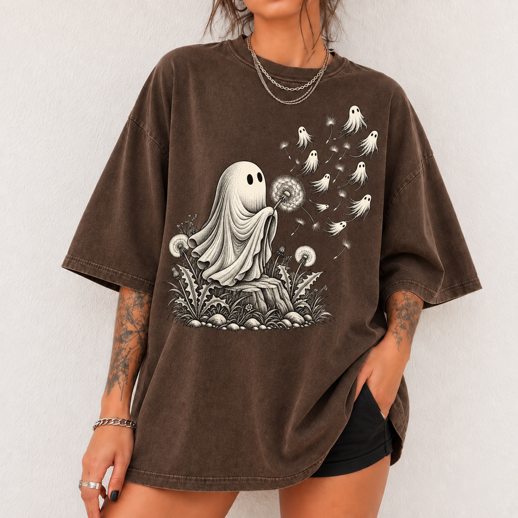 Ghost Dandelion Shirt, Spooky Floral Graphic Tee, Vintage Botanical Halloween T-Shirt, Whimsical Ghost Gift